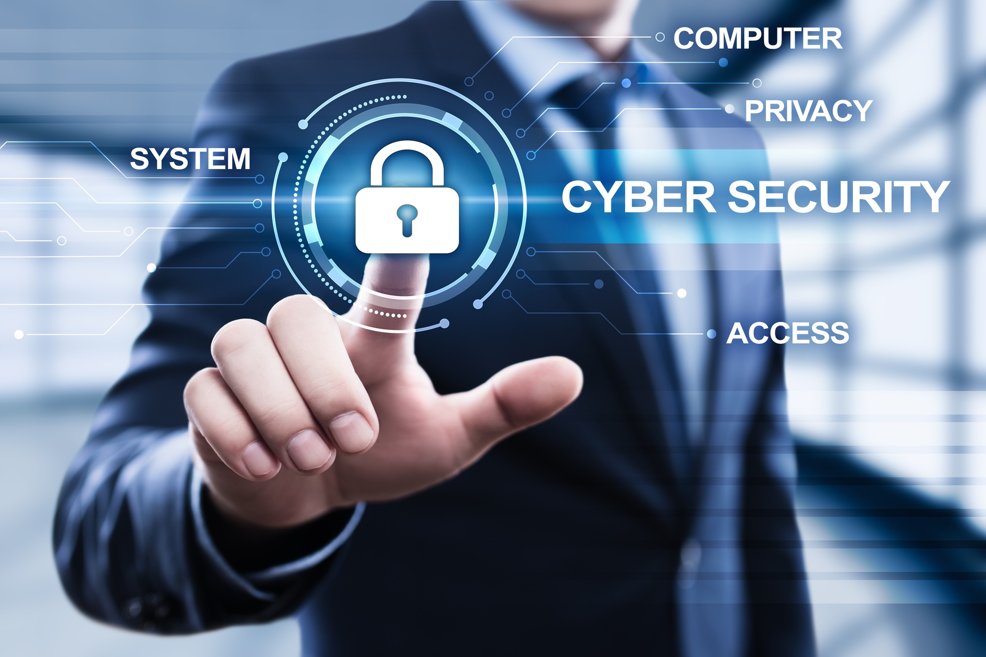 Cyber Security Data Protection Business Technology Privacy Concept. Man Pressing Button on Display With Word in Modern Office.