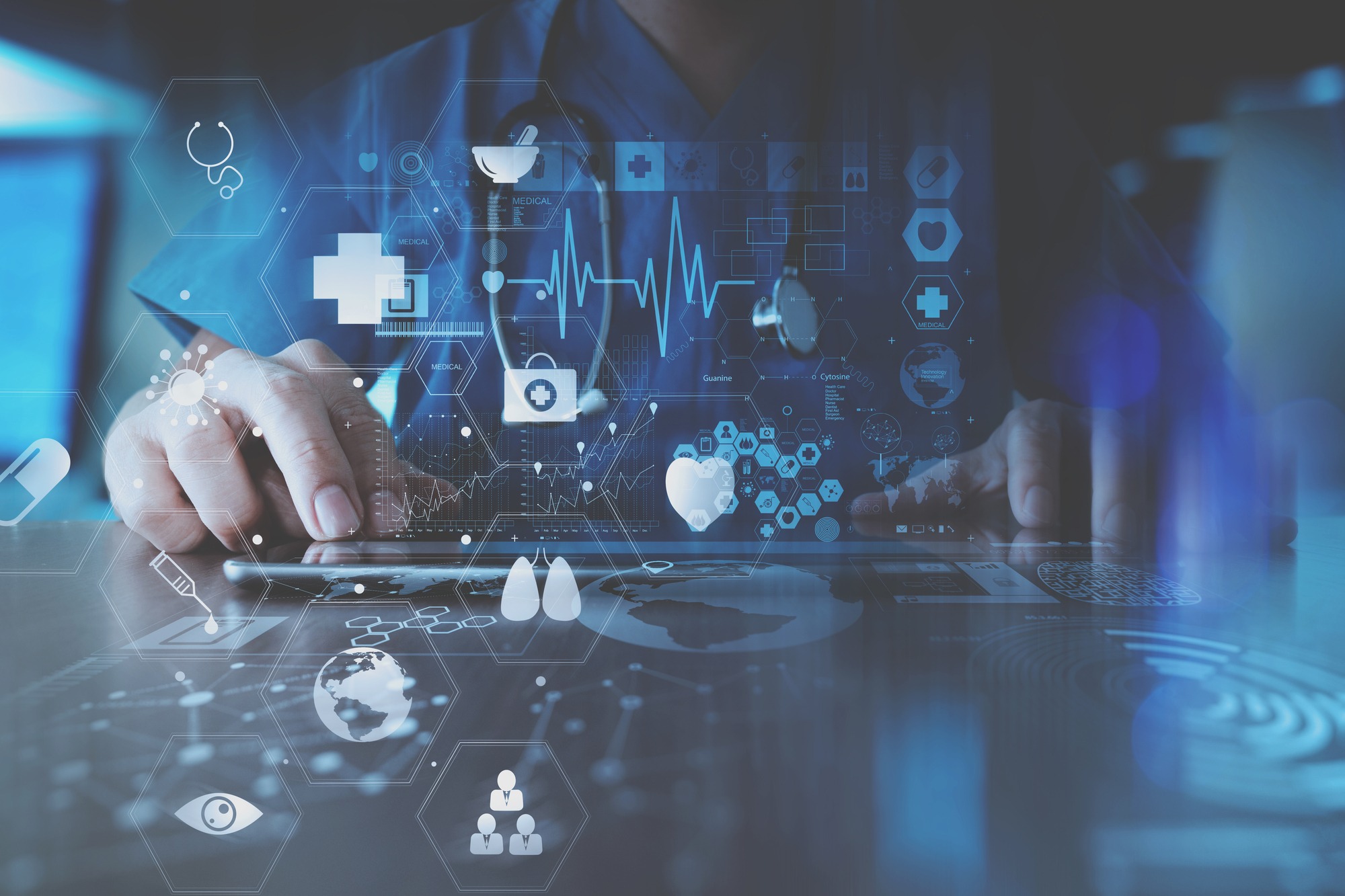 Medical Technology Concept, Smart Doctor Hand Working With Modern Laptop Computer in Modern Office With Virtual Icon Diagram.